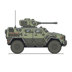 Obraz premium A military armored vehicle with a mounted gun turret, depicted in a side view with a green and gray camouflage design against a clean white background.