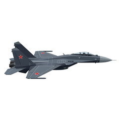 A sleek gray fighter aircraft with red star markings isolated on a white background, showcasing its aerodynamic design and sharp nose cone in a side view.