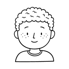 Obraz premium Simple black and white line drawing of a smiling young boy with curly hair and freckles, a cheerful cartoon illustration.