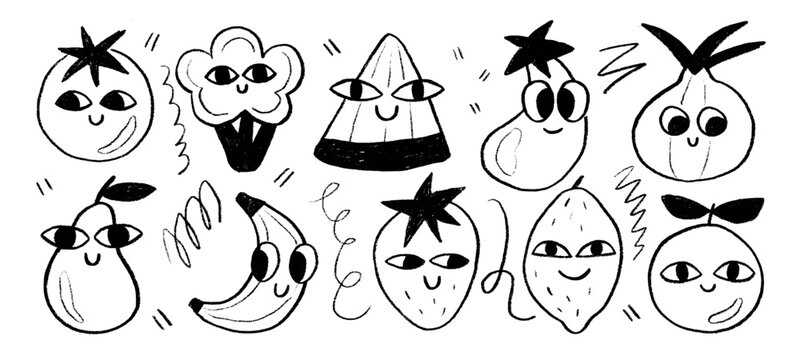 Abstract character drawn fruit. Outline crayons tomato and strawberry, lemon with big eyes. Textured funny mascots