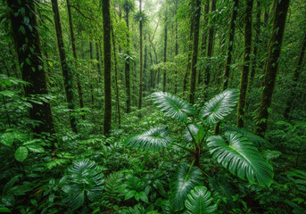 Dense green forest with tall trees and lush foliage in mist  