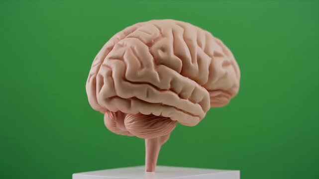 Rotating human brain anatomy model on green background.