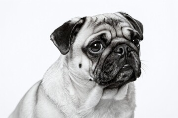 Obraz premium a black and white photo of a pug dog looking up