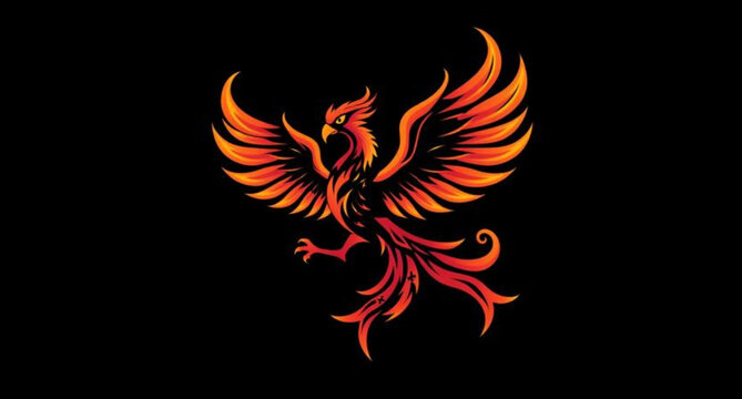 Tribal phoenix tattoo design featuring a fiery bird with burning orange flames and red wings on an abstract black background vector illustration