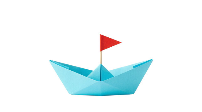 Light blue paper boat with a red flag sailing on a journey on transparent background. 