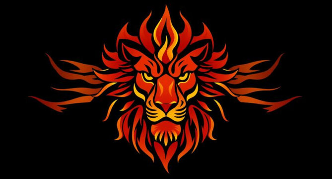 A black tribal lion head vector illustration featuring a gothic fire design and wild animal face symbol for a rock logo or death metal art tattoo