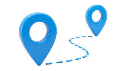Two bright blue 3d location pins connected by a dashed line route on transparent background