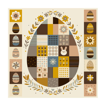 Easter egg patchwork illustration, folk art style vector with bunny and floral patterns, geometric spring holiday greeting card design.