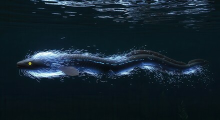 Obraz premium Elongated aquatic creature emits glowing filaments while swimming in deep water