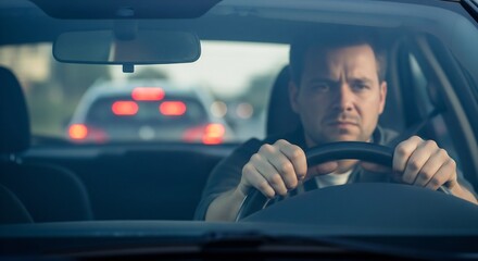 Obraz premium Frustrated man stuck in heavy city traffic during rush hour, gripping steering wheel with serious expression, viewed through car windshield.