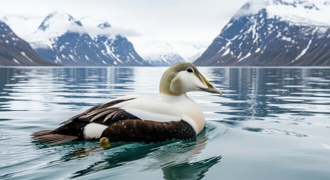 Male sea duck swims calmly in cold water against a backdrop of snow-capped mountains