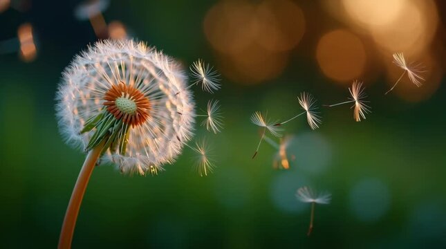 Slow motion tracking shot of dandelion seeds drifting from seed head in grassy meadow with golden sunset backlight