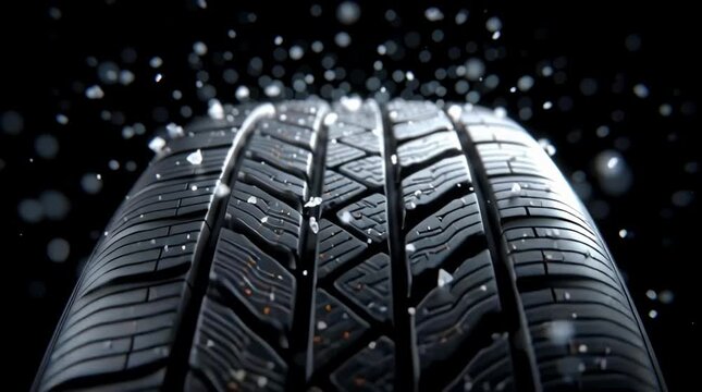 Slow motion tracking shot of car tire spinning with snow particles falling in dark studio closeup isolated