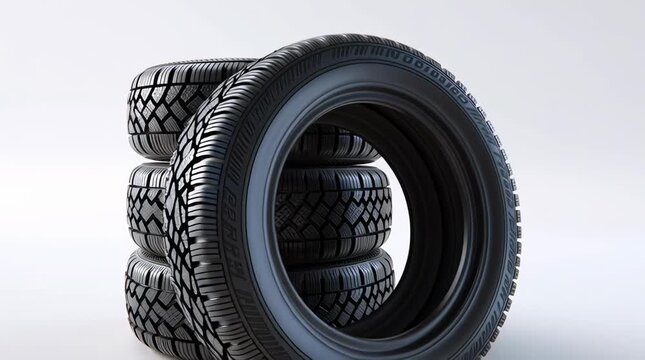 Tracking slow motion dolly pan of stacked tires rotating and approaching into close up on white studio backdrop