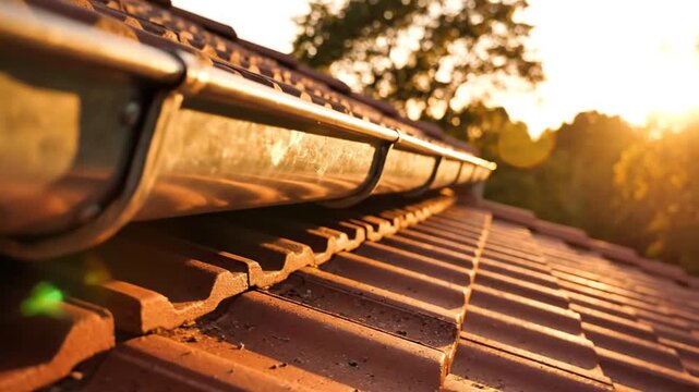 Close-up of rusty train tracks on brick platform at sunset with trees in background, possibly used for industrial or travel themes