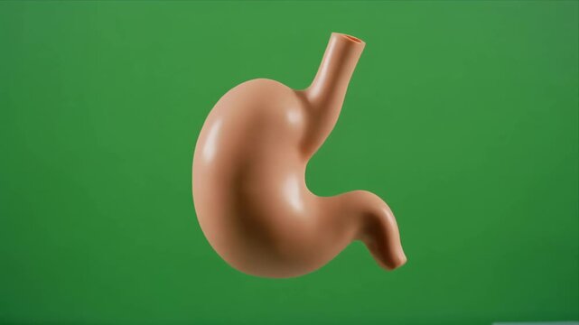 Rotating human stomach anatomy model on green background.