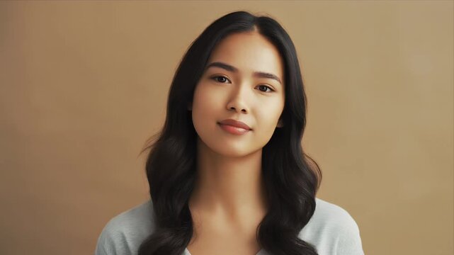 Calm studio portrait of confident young woman.