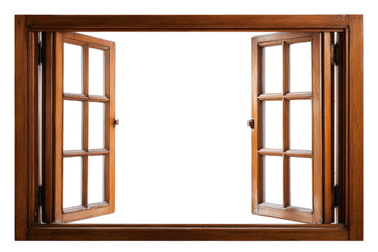 A classic wooden-framed double-hung window with divided panes and red shutters