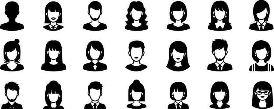 Collection of anonymous cartoon-style human head silhouettes in various hairstyles