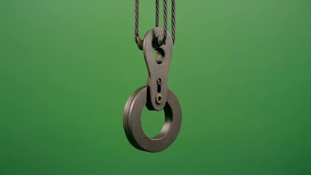 Closeup industrial crane lifting ring swaying on green background.