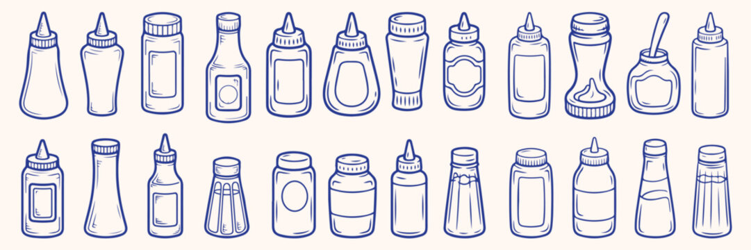 Hand Drawn Bottle Collection: Ketchup, Mustard, Sauces, Jars - Outline Set