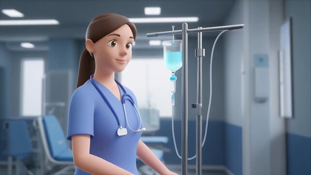 Animated nurse adjusting IV drip in modern hospital ward.