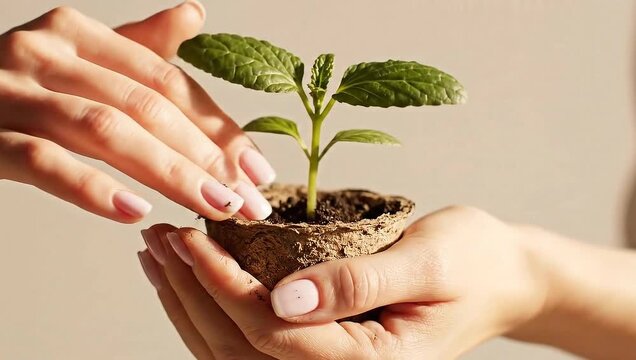 Hands nurturing a small plant in a biodegradable pot, symbolizing growth and environmental care.