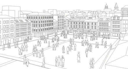 Sketch of a busy European city square with many people walking around. © Deni