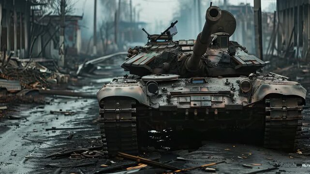 Military tank standing in a ruined and destroyed city
