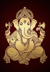 Obraz premium Ornate golden illustration of a prominent deity with an elephant head seated in contemplation against a deep maroon background