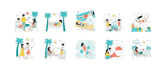 Summer Vacation Activities Vector Illustration Set