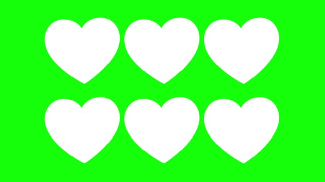 Love, heart shape animation concept. Multiple white vector icon symbol. Animated seamless pattern design, motion graphic video template with green screen background