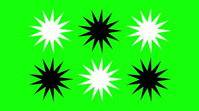 Star, sun shape animation concept. Multiple black and white vector icon symbol. Animated seamless pattern design, motion graphic video template with green screen background