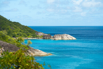 Anse major nature trail, sunny hot day, panoramic ocean view, Mahe island, Seychelles