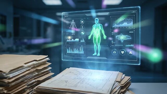 Animation of glowing holographic medical data emerging from a stack of files in a modern workspace, with vibrant light beams and a digital human
