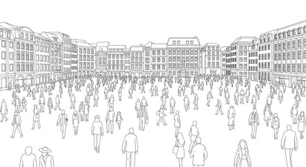 Sketch of a bustling city square filled with many people. © Deni