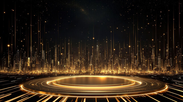 Illuminated platform against a black and gold city skyline background