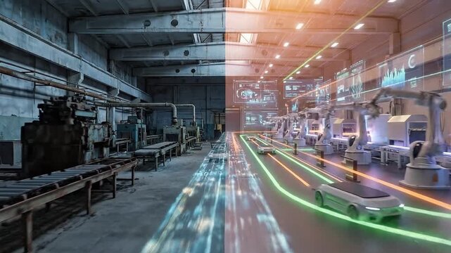 A contrasting visual between a dilapidated industrial space and a sleek modern automated factory showcasing advanced robotics in operation