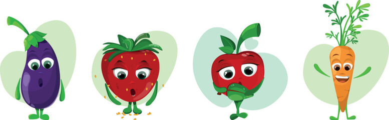 A set of vegetable and berry symbols expressing various emotions. Strawberry, carrot, apple, cherry, eggplant © NataKorol