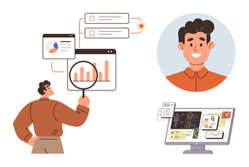 Data analysis, digital research, profile management, software solutions, online analytics, monitoring tools. A person analyzing charts, a user profile portrait and a research screen. Data analysis © robu_s