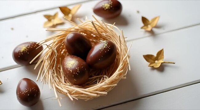 Chocolate Easter eggs in a nest with gold leaf decoration on a white wood table for a festive holiday celebration