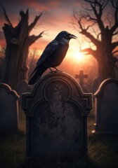 Fototapeta premium Silhouette of a dark bird perched atop an aged tombstone against a vibrant sunset backdrop in a desolate burial ground