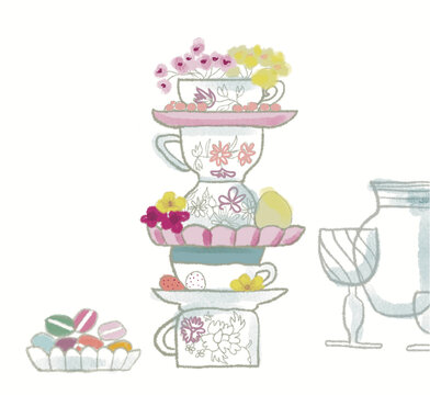Scene for Easter- Cup of tea the with macarons and eggs and  croquery-pastel colors with a white background-English atmosphere