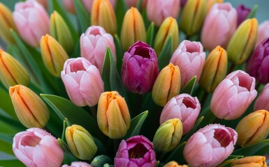 Vibrant tulips in pink purple and orange hues bloom amidst lush green