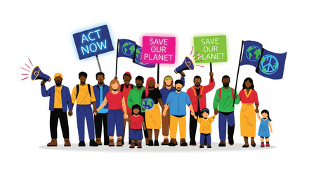 Diverse group of people protesting for environmental awareness and conservation
