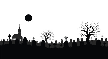Spooky graveyard scene with a full moon and gothic church silhouette © momotaj
