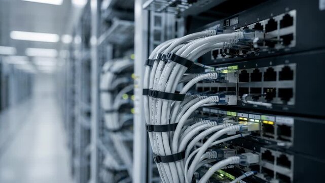 Crisp capture of structured cabling in a cold aisle emphasizing cable ties and switch ports with the distant rows of racks gently blurred for emphasis.