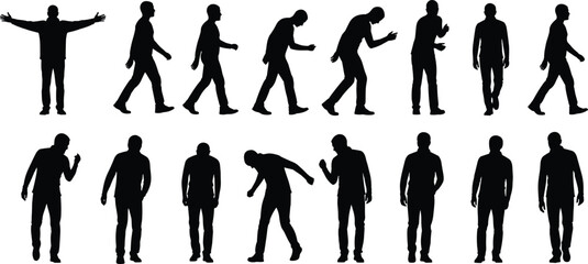 Human walking posture silhouettes, standing and leaning poses, emotional body language sequence, movement transformation illustration, introspective figure vector design © MdMasud