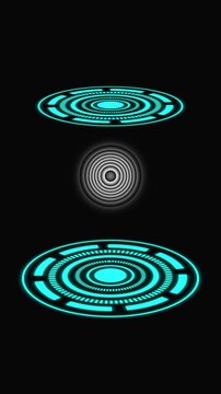 Futuristic cyan circular interface with central oval technology design, glowing digital HUD circle elements animation on dark background, abstract technology motion graphic.