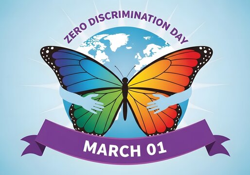 A colorful butterfly with rainbow wings embracing a globe on Zero Discrimination Day